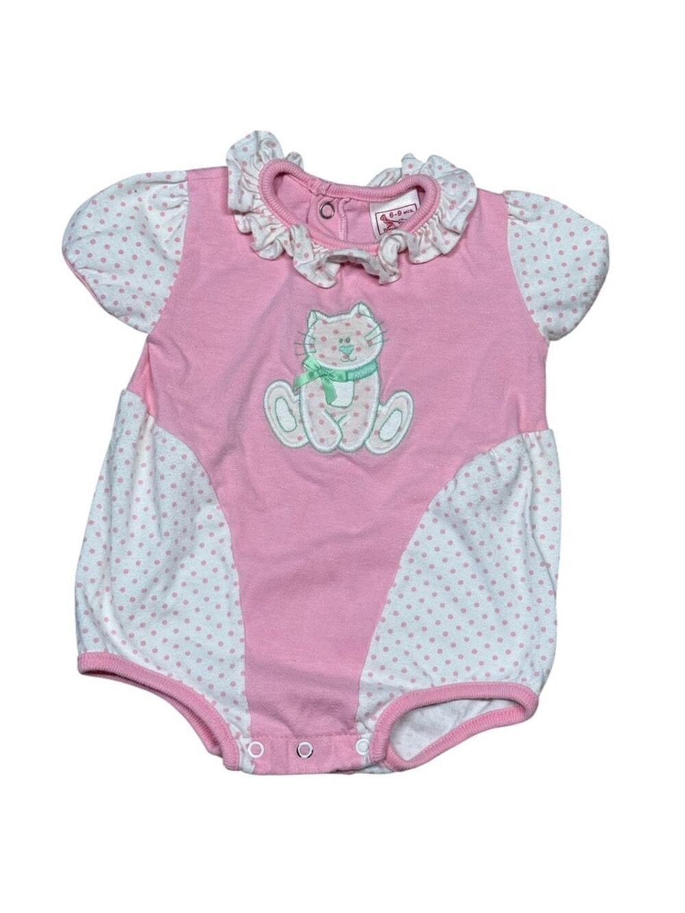 Buster Brown Vintage 60s Pink White Ruffle Bear Applique Baby Romper Size 6 mo